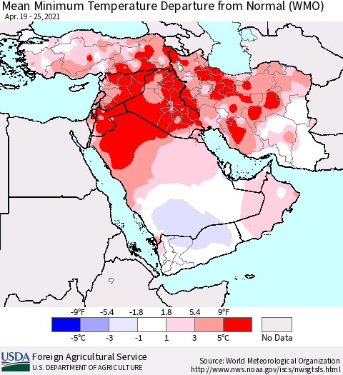 Middle East and Turkey Mean Minimum Temperature Departure from Normal (WMO) Thematic Map For 4/19/2021 - 4/25/2021