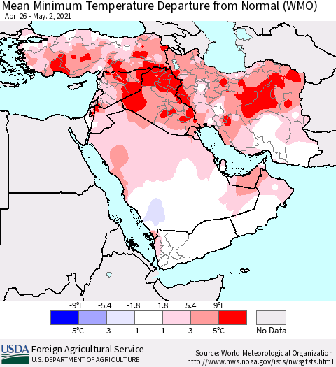 Middle East and Turkey Mean Minimum Temperature Departure from Normal (WMO) Thematic Map For 4/26/2021 - 5/2/2021