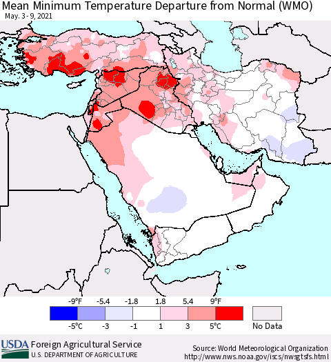 Middle East and Turkey Mean Minimum Temperature Departure from Normal (WMO) Thematic Map For 5/3/2021 - 5/9/2021