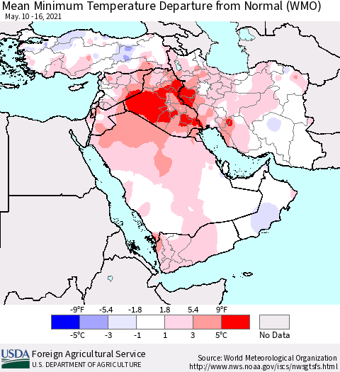 Middle East and Turkey Mean Minimum Temperature Departure from Normal (WMO) Thematic Map For 5/10/2021 - 5/16/2021