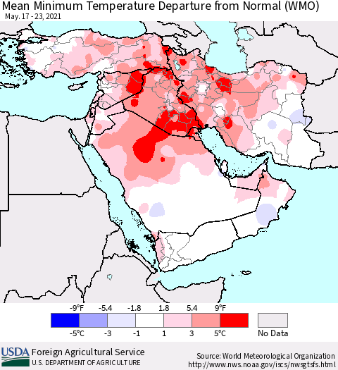 Middle East and Turkey Mean Minimum Temperature Departure from Normal (WMO) Thematic Map For 5/17/2021 - 5/23/2021