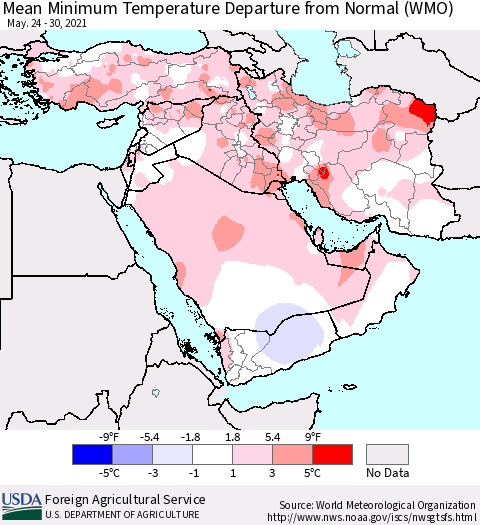 Middle East and Turkey Mean Minimum Temperature Departure from Normal (WMO) Thematic Map For 5/24/2021 - 5/30/2021