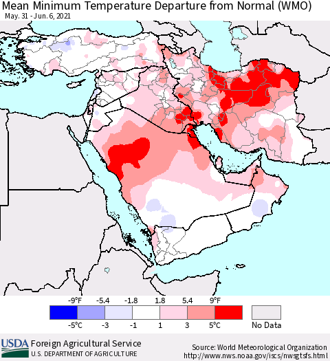 Middle East and Turkey Mean Minimum Temperature Departure from Normal (WMO) Thematic Map For 5/31/2021 - 6/6/2021
