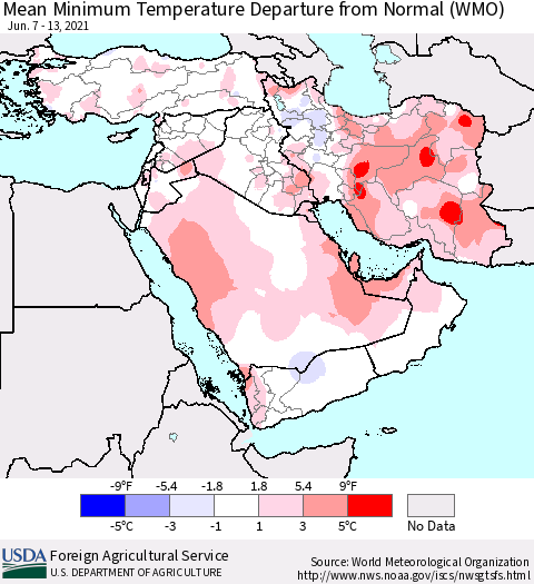 Middle East and Turkey Mean Minimum Temperature Departure from Normal (WMO) Thematic Map For 6/7/2021 - 6/13/2021
