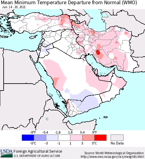 Middle East and Turkey Mean Minimum Temperature Departure from Normal (WMO) Thematic Map For 6/14/2021 - 6/20/2021