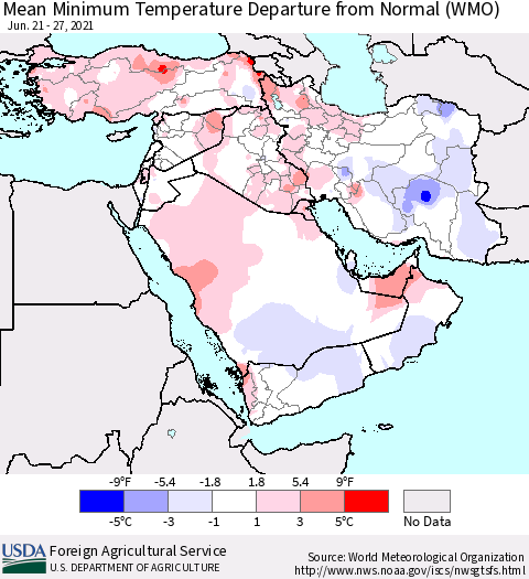 Middle East and Turkey Mean Minimum Temperature Departure from Normal (WMO) Thematic Map For 6/21/2021 - 6/27/2021