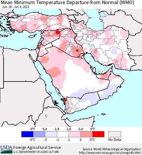 Middle East and Turkey Mean Minimum Temperature Departure from Normal (WMO) Thematic Map For 6/28/2021 - 7/4/2021