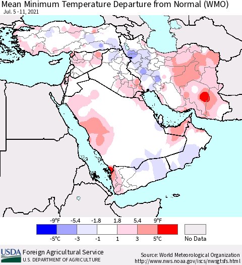 Middle East and Turkey Mean Minimum Temperature Departure from Normal (WMO) Thematic Map For 7/5/2021 - 7/11/2021