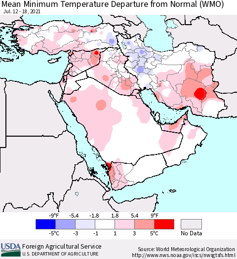 Middle East and Turkey Mean Minimum Temperature Departure from Normal (WMO) Thematic Map For 7/12/2021 - 7/18/2021
