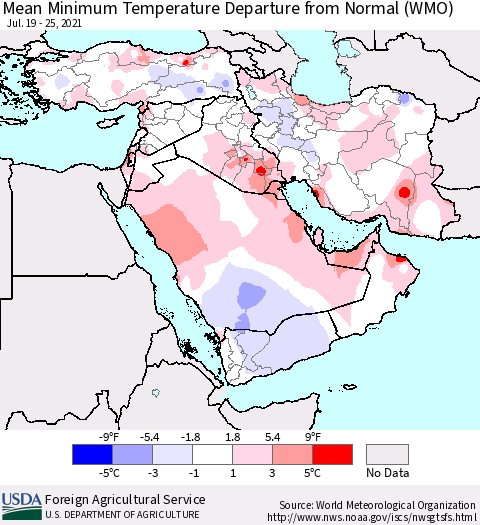 Middle East and Turkey Mean Minimum Temperature Departure from Normal (WMO) Thematic Map For 7/19/2021 - 7/25/2021