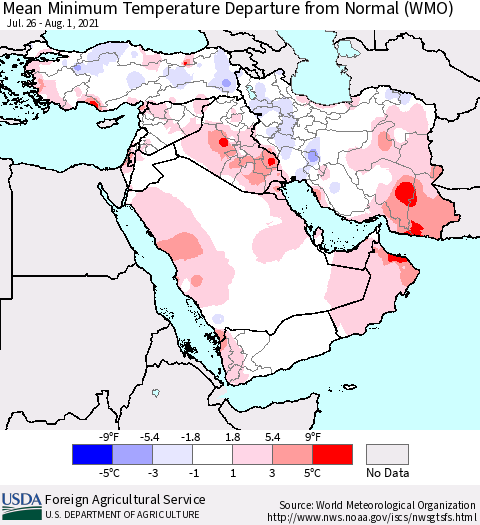 Middle East and Turkey Mean Minimum Temperature Departure from Normal (WMO) Thematic Map For 7/26/2021 - 8/1/2021