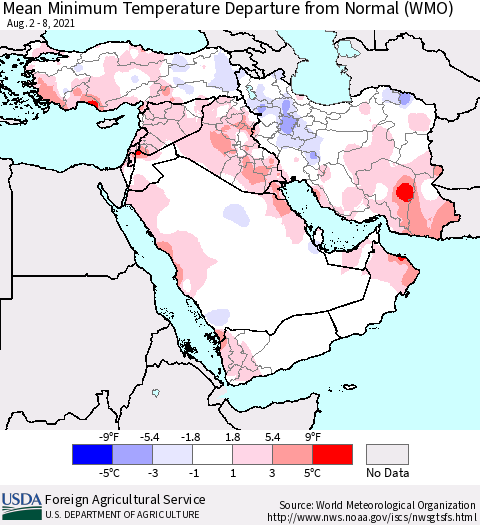 Middle East and Turkey Mean Minimum Temperature Departure from Normal (WMO) Thematic Map For 8/2/2021 - 8/8/2021