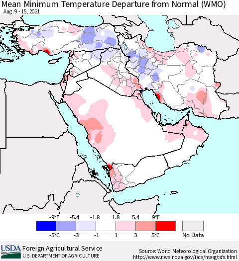Middle East and Turkey Mean Minimum Temperature Departure from Normal (WMO) Thematic Map For 8/9/2021 - 8/15/2021
