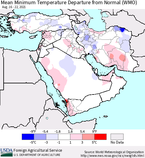 Middle East and Turkey Mean Minimum Temperature Departure from Normal (WMO) Thematic Map For 8/16/2021 - 8/22/2021