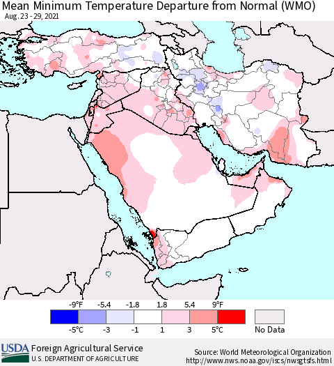 Middle East and Turkey Mean Minimum Temperature Departure from Normal (WMO) Thematic Map For 8/23/2021 - 8/29/2021