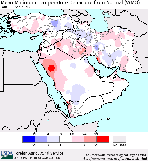 Middle East and Turkey Mean Minimum Temperature Departure from Normal (WMO) Thematic Map For 8/30/2021 - 9/5/2021