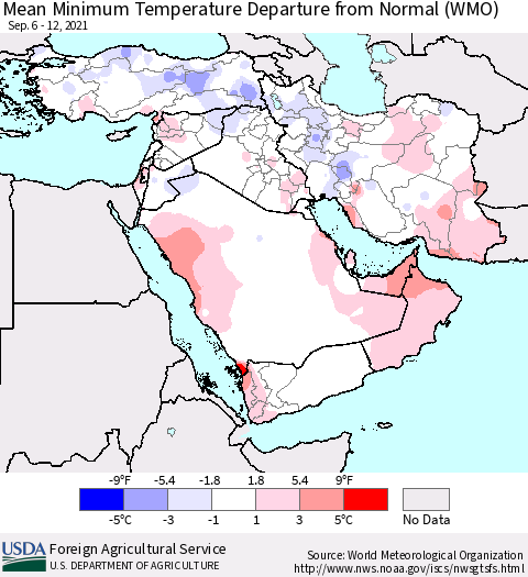 Middle East and Turkey Mean Minimum Temperature Departure from Normal (WMO) Thematic Map For 9/6/2021 - 9/12/2021