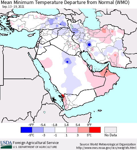 Middle East and Turkey Mean Minimum Temperature Departure from Normal (WMO) Thematic Map For 9/13/2021 - 9/19/2021