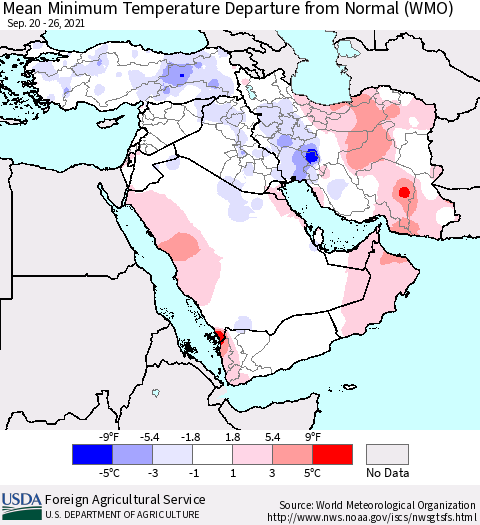Middle East and Turkey Mean Minimum Temperature Departure from Normal (WMO) Thematic Map For 9/20/2021 - 9/26/2021