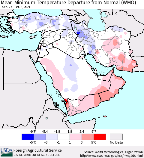 Middle East and Turkey Mean Minimum Temperature Departure from Normal (WMO) Thematic Map For 9/27/2021 - 10/3/2021