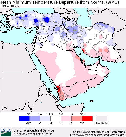 Middle East and Turkey Mean Minimum Temperature Departure from Normal (WMO) Thematic Map For 10/4/2021 - 10/10/2021