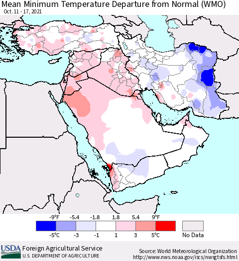 Middle East and Turkey Mean Minimum Temperature Departure from Normal (WMO) Thematic Map For 10/11/2021 - 10/17/2021