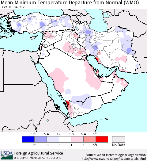 Middle East and Turkey Mean Minimum Temperature Departure from Normal (WMO) Thematic Map For 10/18/2021 - 10/24/2021