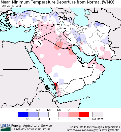 Middle East and Turkey Mean Minimum Temperature Departure from Normal (WMO) Thematic Map For 10/25/2021 - 10/31/2021