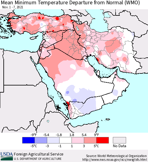 Middle East and Turkey Mean Minimum Temperature Departure from Normal (WMO) Thematic Map For 11/1/2021 - 11/7/2021