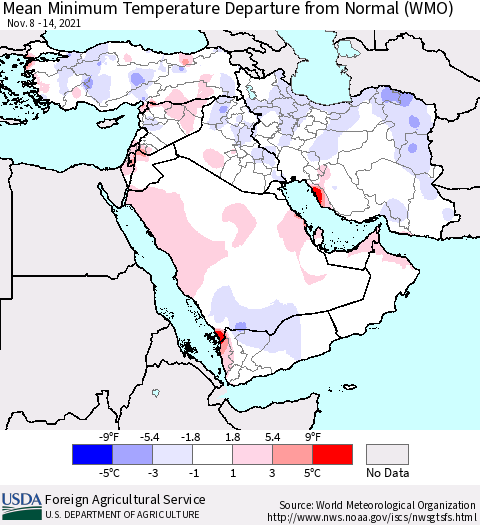 Middle East and Turkey Mean Minimum Temperature Departure from Normal (WMO) Thematic Map For 11/8/2021 - 11/14/2021
