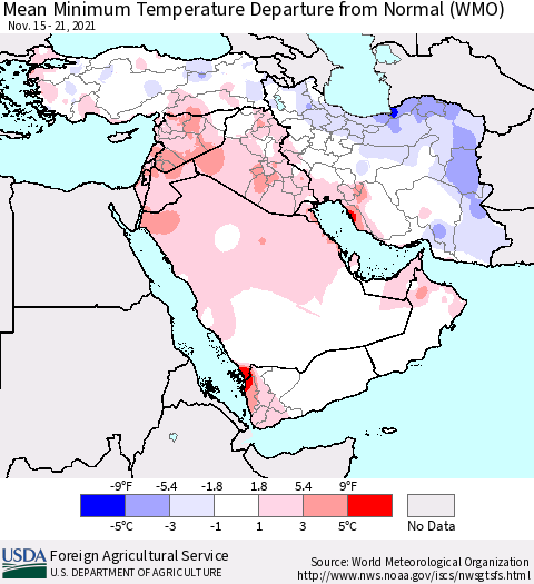 Middle East and Turkey Mean Minimum Temperature Departure from Normal (WMO) Thematic Map For 11/15/2021 - 11/21/2021