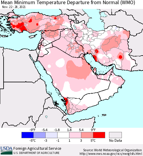 Middle East and Turkey Mean Minimum Temperature Departure from Normal (WMO) Thematic Map For 11/22/2021 - 11/28/2021