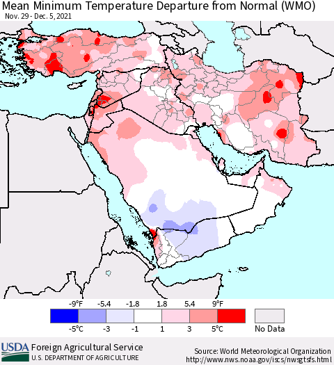 Middle East and Turkey Mean Minimum Temperature Departure from Normal (WMO) Thematic Map For 11/29/2021 - 12/5/2021