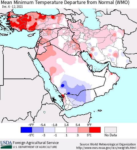 Middle East and Turkey Mean Minimum Temperature Departure from Normal (WMO) Thematic Map For 12/6/2021 - 12/12/2021