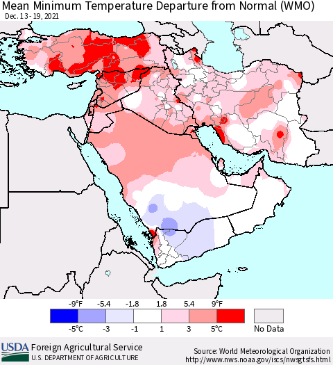 Middle East and Turkey Mean Minimum Temperature Departure from Normal (WMO) Thematic Map For 12/13/2021 - 12/19/2021