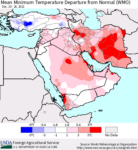 Middle East and Turkey Mean Minimum Temperature Departure from Normal (WMO) Thematic Map For 12/20/2021 - 12/26/2021