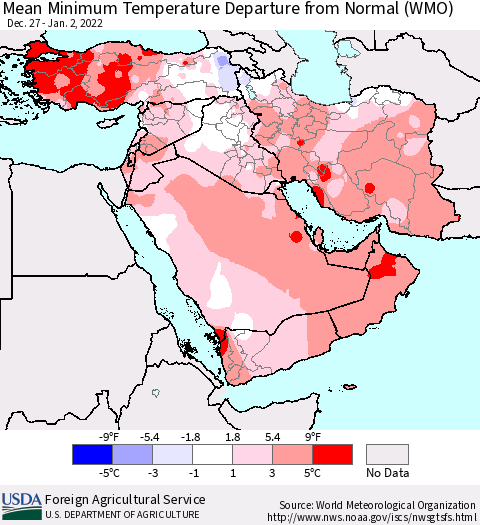 Middle East and Turkey Mean Minimum Temperature Departure from Normal (WMO) Thematic Map For 12/27/2021 - 1/2/2022