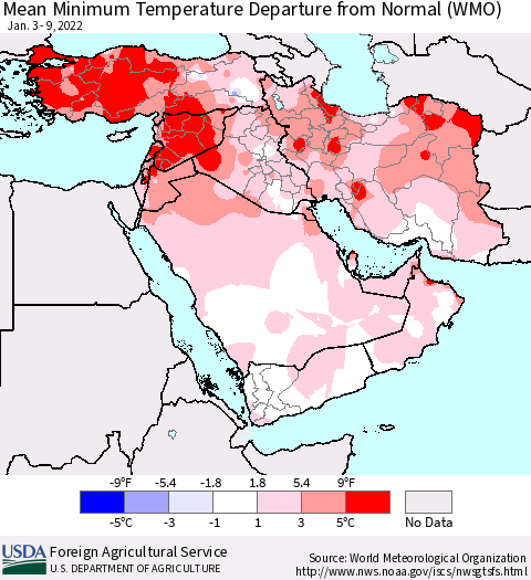 Middle East and Turkey Mean Minimum Temperature Departure from Normal (WMO) Thematic Map For 1/3/2022 - 1/9/2022