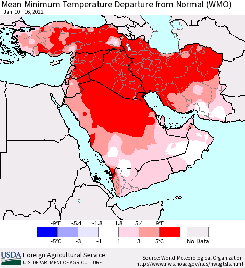 Middle East and Turkey Mean Minimum Temperature Departure from Normal (WMO) Thematic Map For 1/10/2022 - 1/16/2022