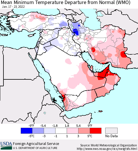Middle East and Turkey Mean Minimum Temperature Departure from Normal (WMO) Thematic Map For 1/17/2022 - 1/23/2022