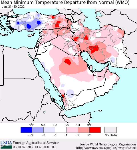 Middle East and Turkey Mean Minimum Temperature Departure from Normal (WMO) Thematic Map For 1/24/2022 - 1/30/2022