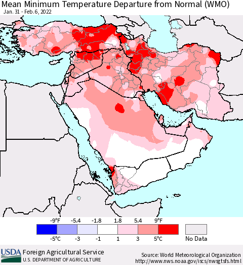 Middle East and Turkey Mean Minimum Temperature Departure from Normal (WMO) Thematic Map For 1/31/2022 - 2/6/2022