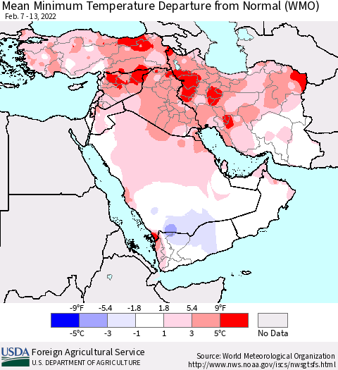 Middle East and Turkey Mean Minimum Temperature Departure from Normal (WMO) Thematic Map For 2/7/2022 - 2/13/2022