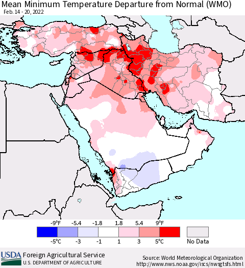 Middle East and Turkey Mean Minimum Temperature Departure from Normal (WMO) Thematic Map For 2/14/2022 - 2/20/2022