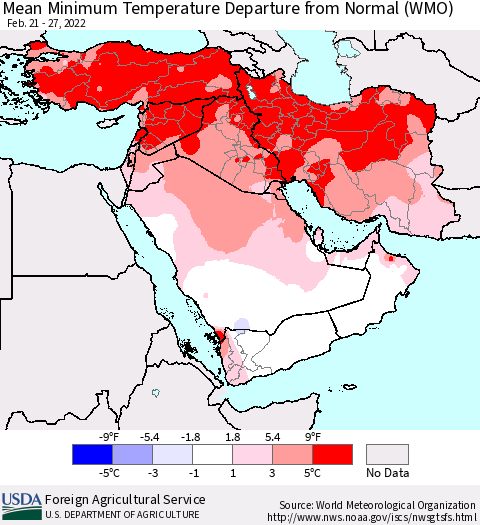 Middle East and Turkey Mean Minimum Temperature Departure from Normal (WMO) Thematic Map For 2/21/2022 - 2/27/2022