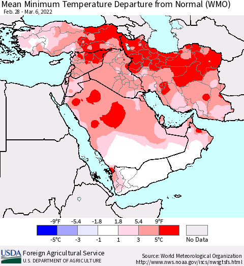 Middle East and Turkey Mean Minimum Temperature Departure from Normal (WMO) Thematic Map For 2/28/2022 - 3/6/2022