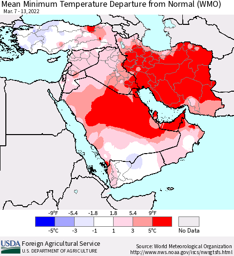 Middle East and Turkey Mean Minimum Temperature Departure from Normal (WMO) Thematic Map For 3/7/2022 - 3/13/2022