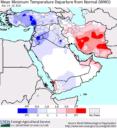 Middle East and Turkey Mean Minimum Temperature Departure from Normal (WMO) Thematic Map For 3/14/2022 - 3/20/2022