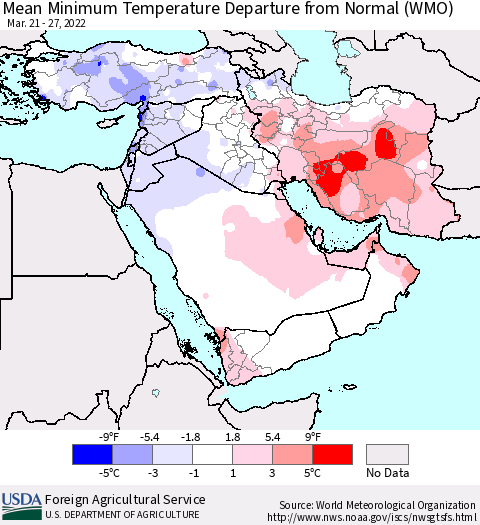 Middle East and Turkey Mean Minimum Temperature Departure from Normal (WMO) Thematic Map For 3/21/2022 - 3/27/2022