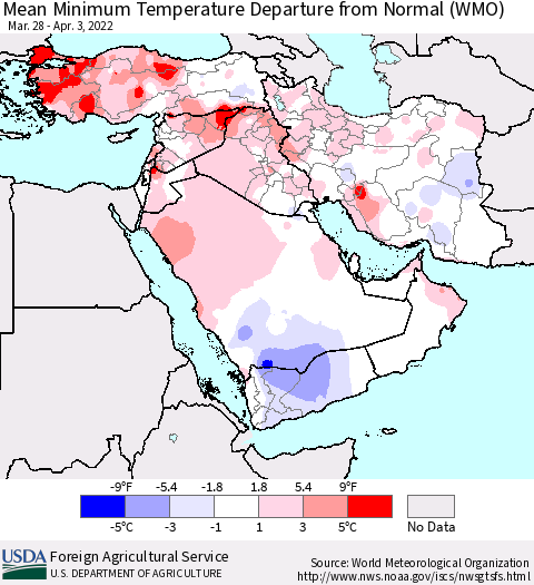 Middle East and Turkey Mean Minimum Temperature Departure from Normal (WMO) Thematic Map For 3/28/2022 - 4/3/2022